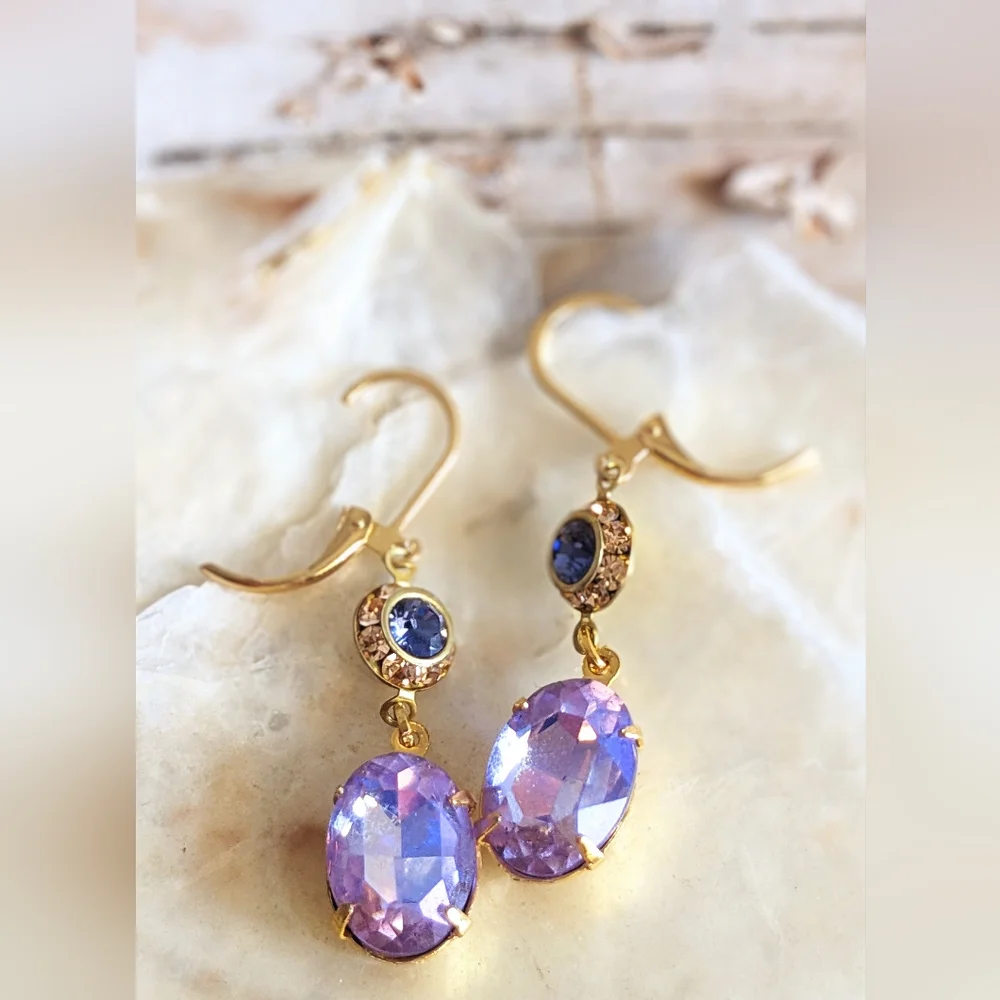Tanzanite Sparkles Swarovski Purple AB And Flower Drop Down Earrings - Picture 4 of 5